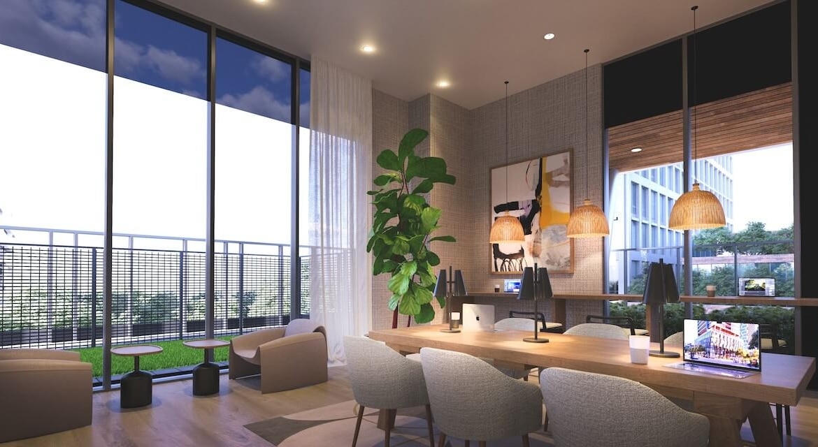 Rendering of The Riv Condos co-working space