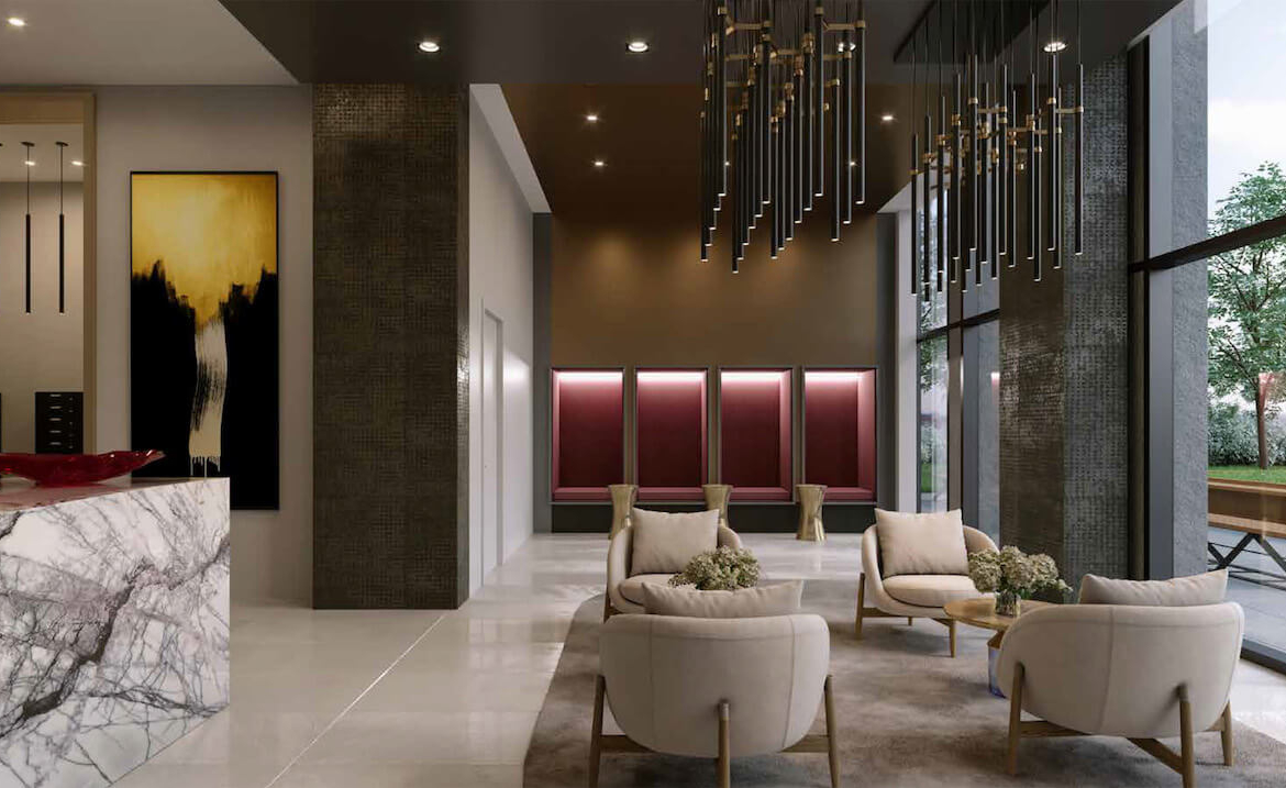 Rendering of The Riv Condos lobby interior