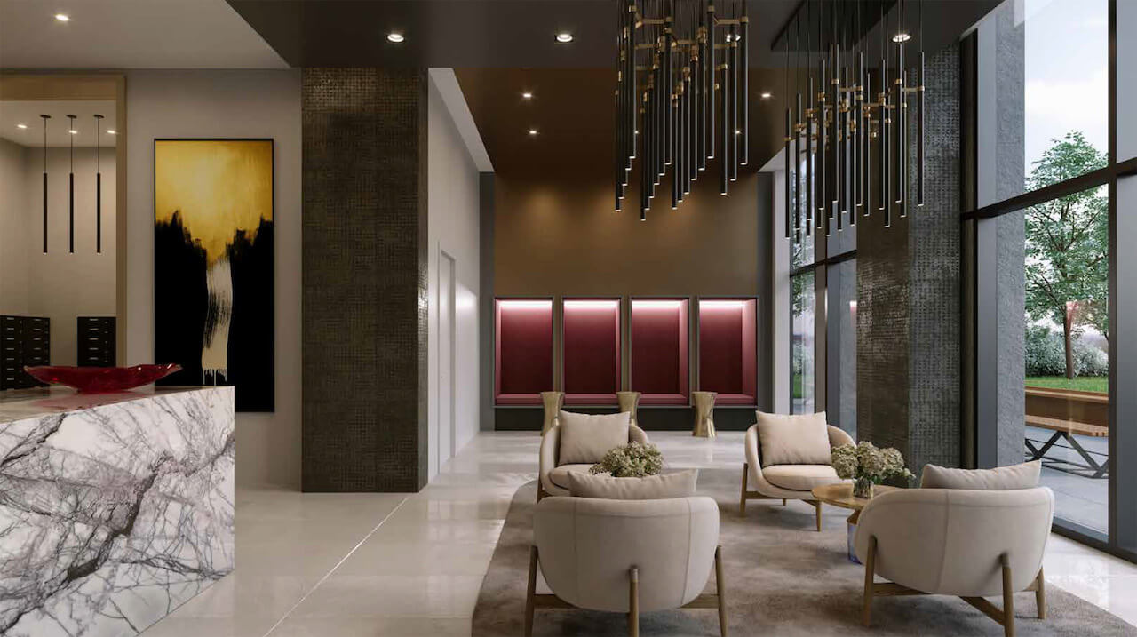 Rendering of The Riv Condos lobby interior