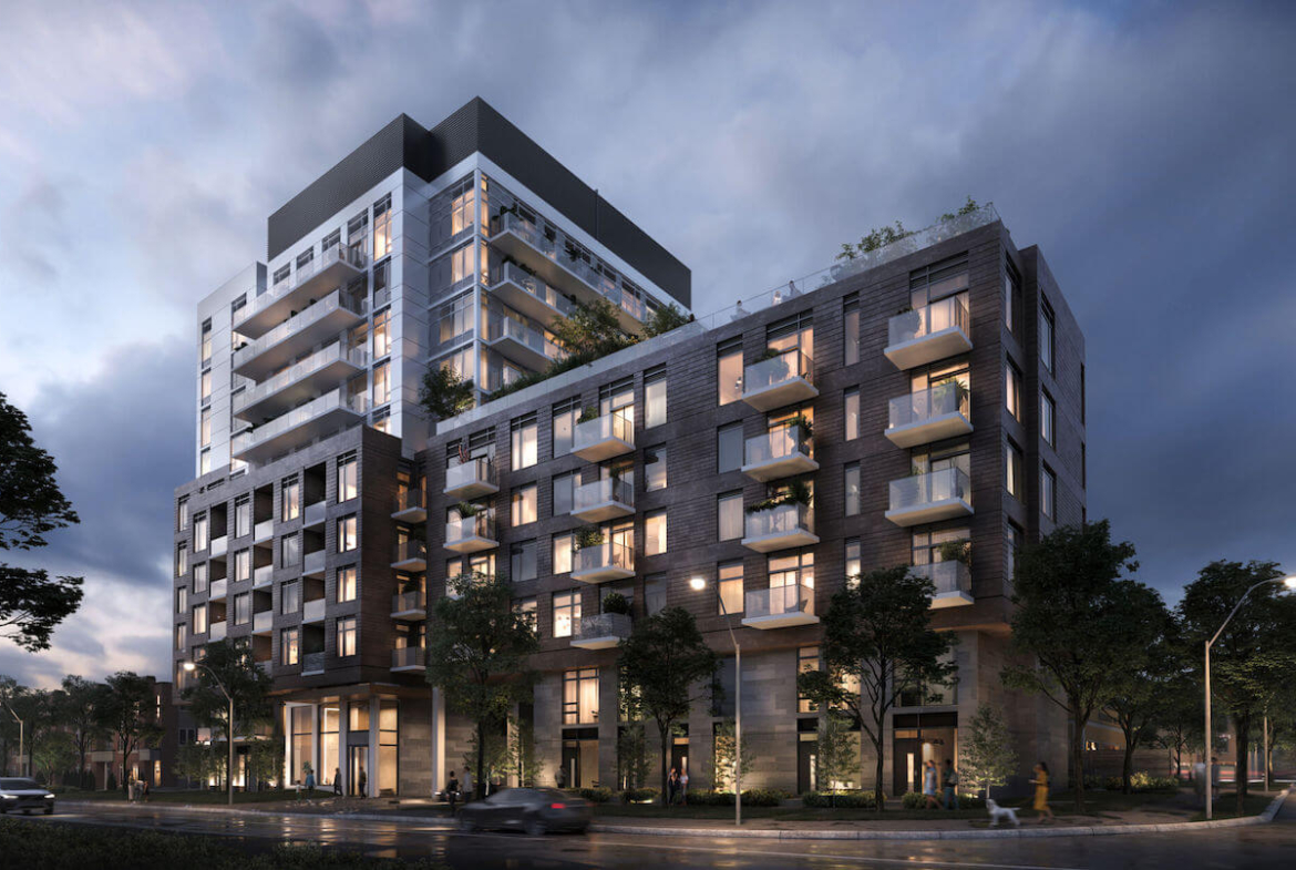 Rendering of BLVD. Q Condos exterior at dusk