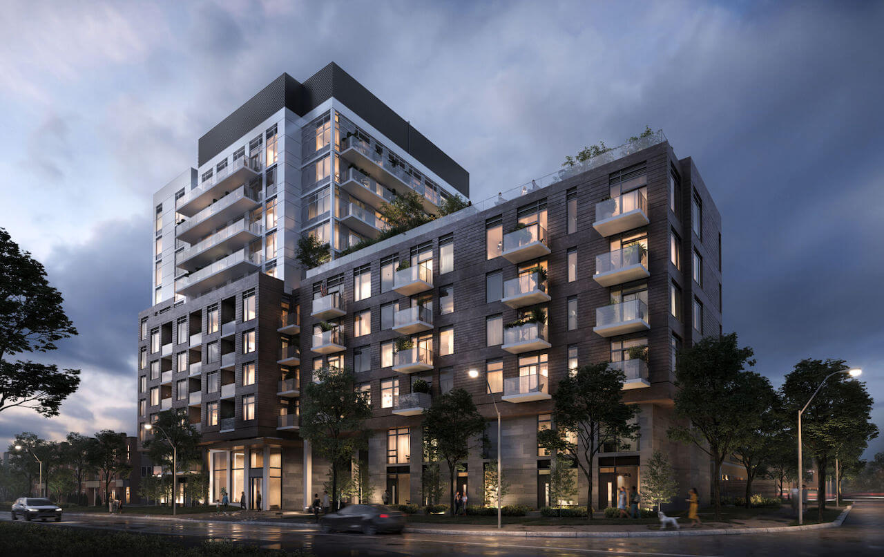 Rendering of BLVD. Q Condos exterior at dusk