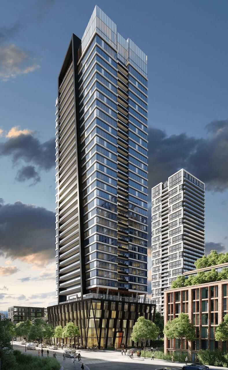 Rendering of The Riv Condos full view exterior at dusk