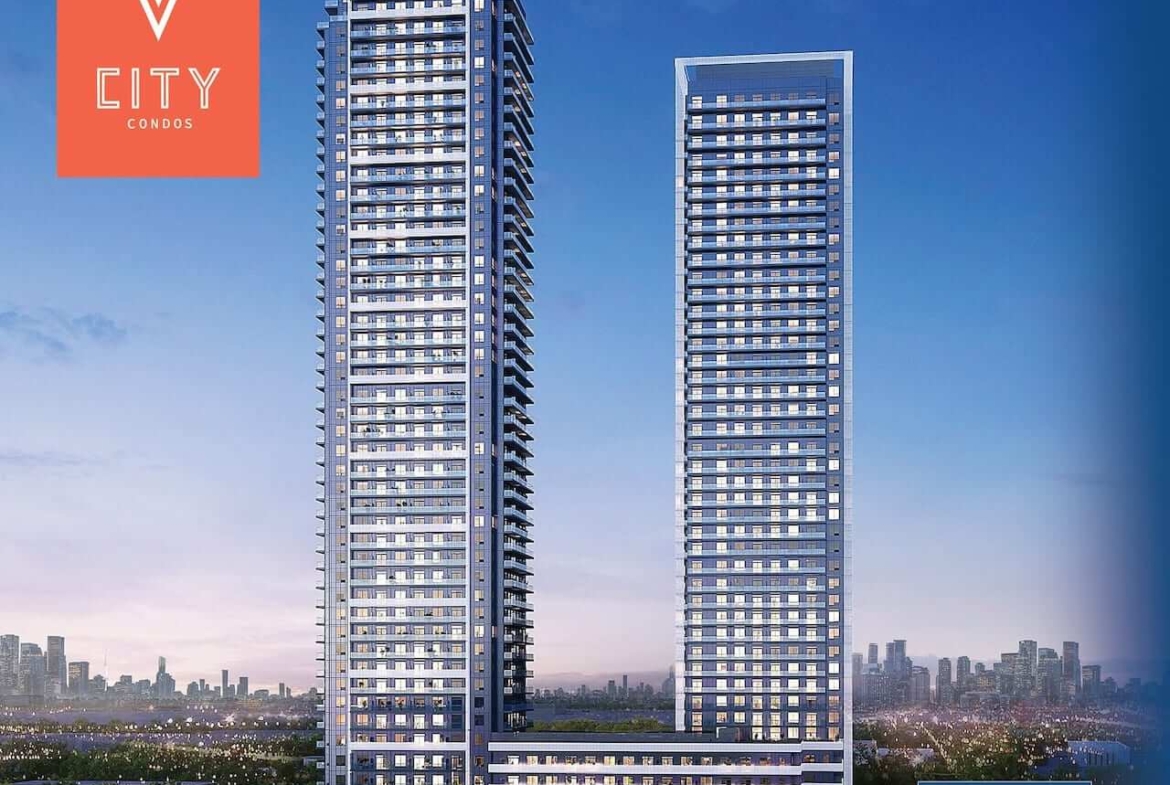 Exterior full view rendering of V City Condos in Vaughan