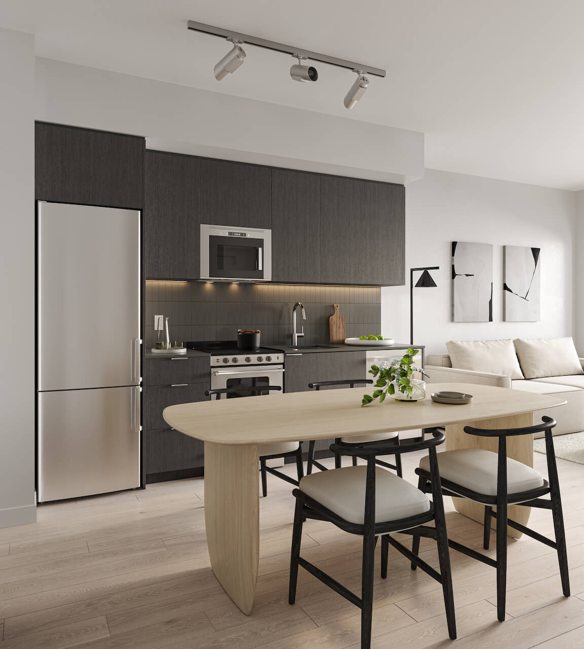 Rendering of Clockwork 3 Condos suite interior kitchen dark