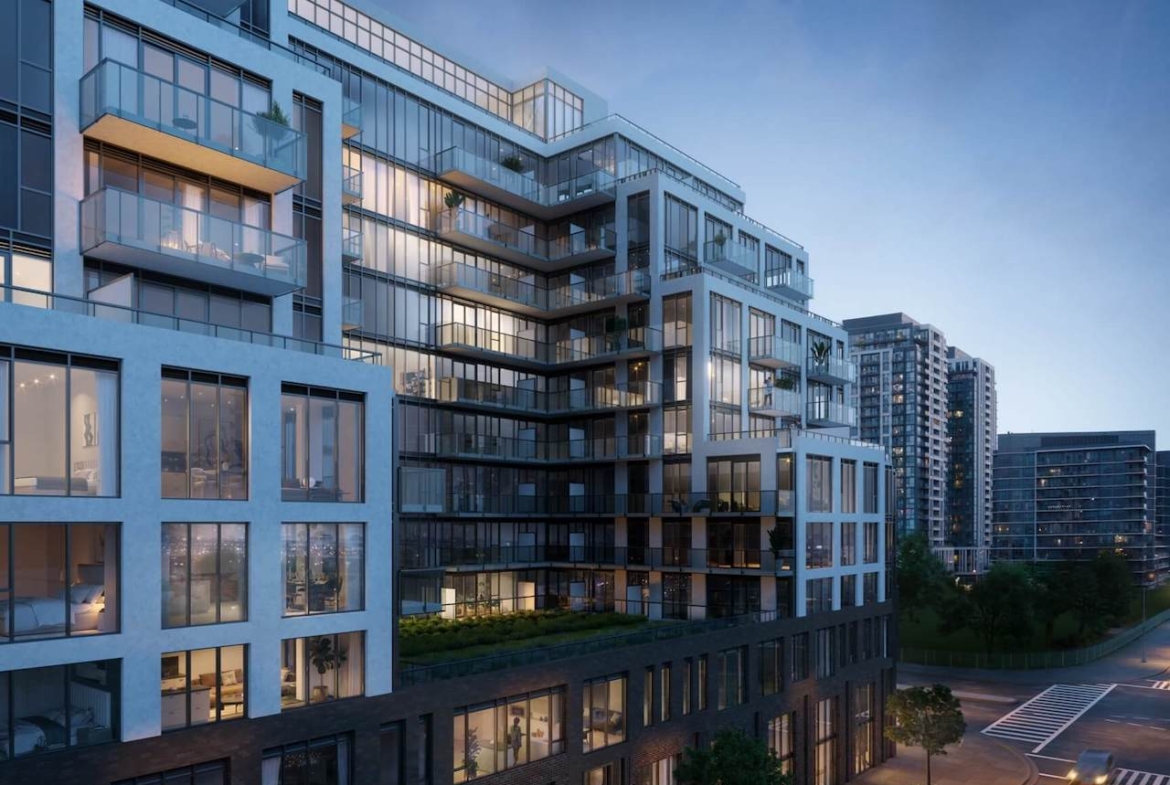 Rendering of The Queensway at JOYA Condos exterior at dusk