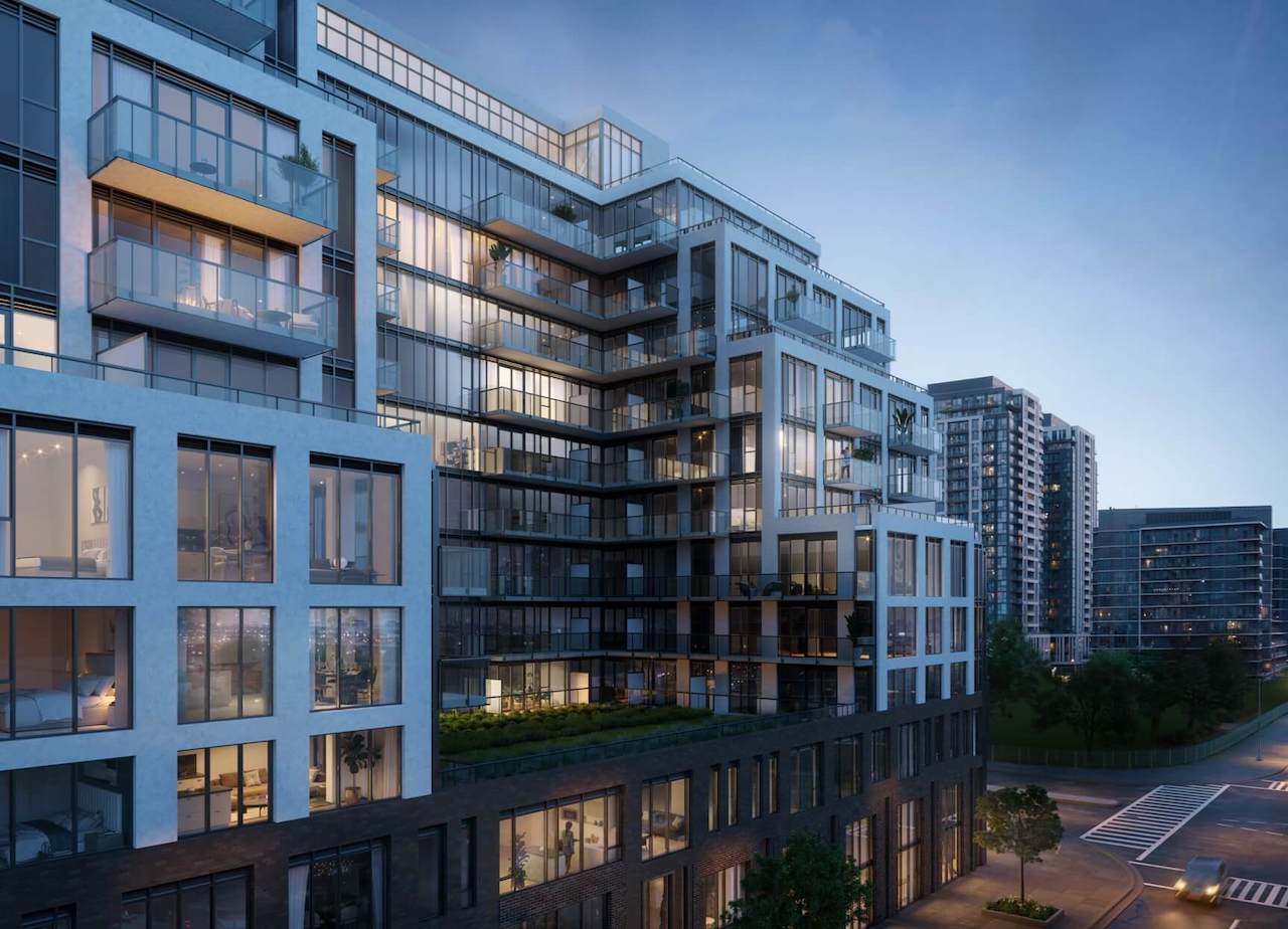 Rendering of The Queensway at JOYA Condos exterior at dusk