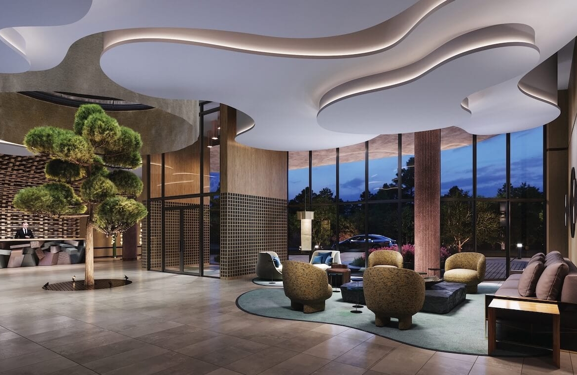 Rendering of Lily at Crosstown Condos lobby at night