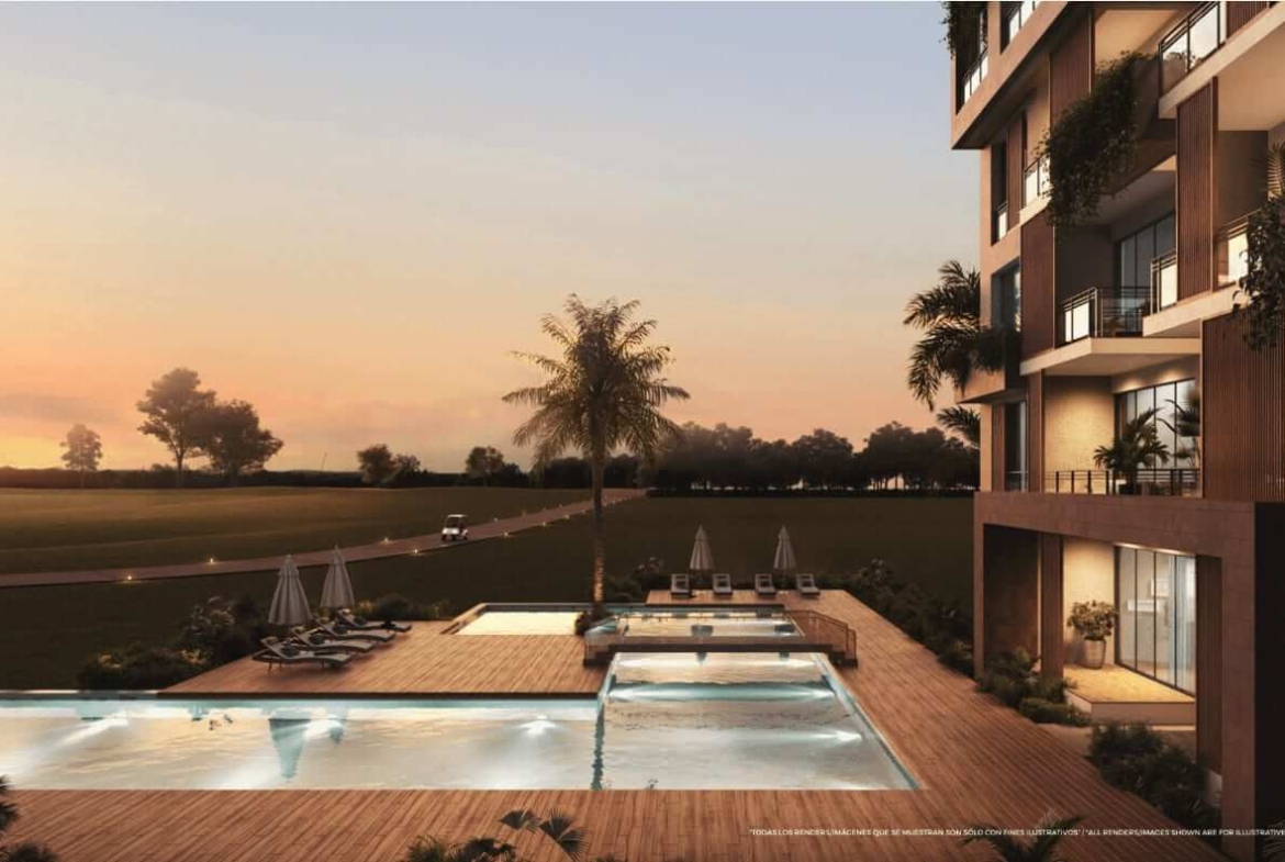Exterior rendering of Riviera Bay Condos pool area at dusk