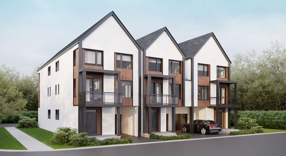 Rendering of Aria Towns exterior front angled view