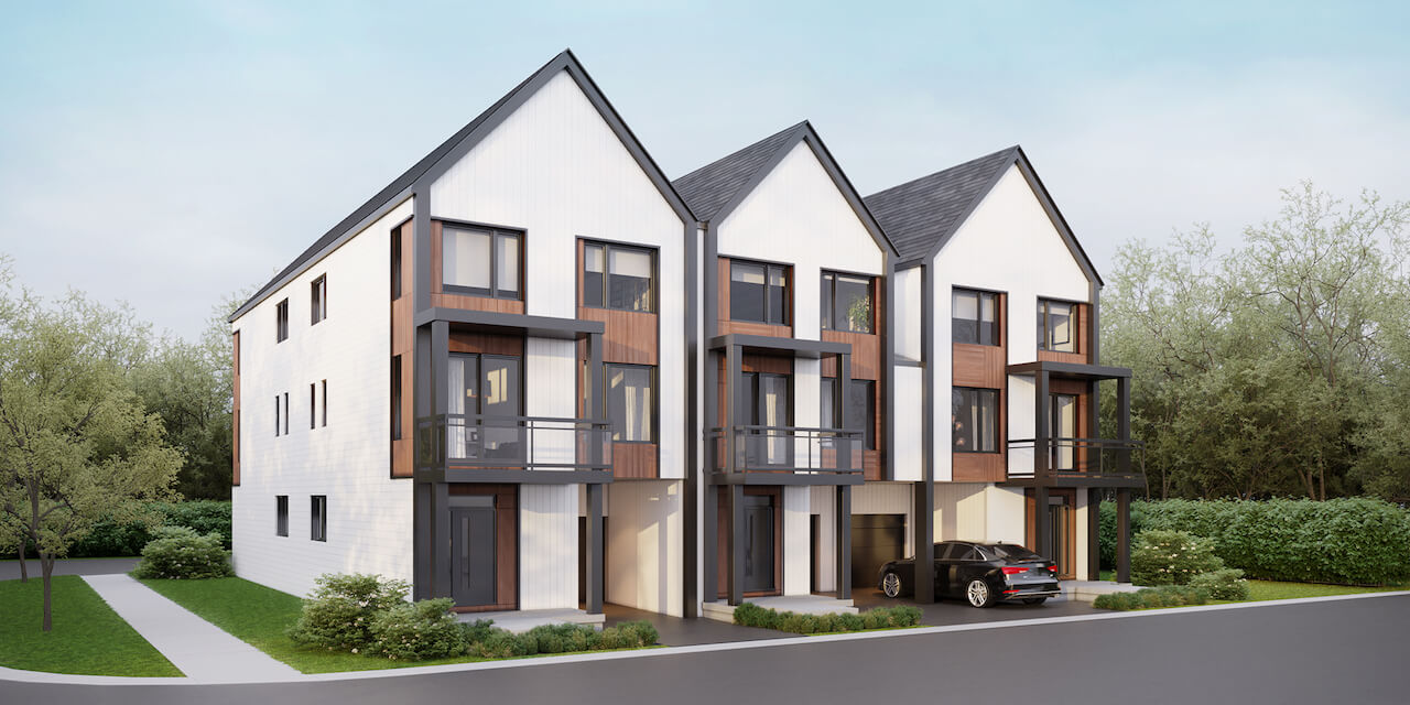 Rendering of Aria Towns exterior front angled view