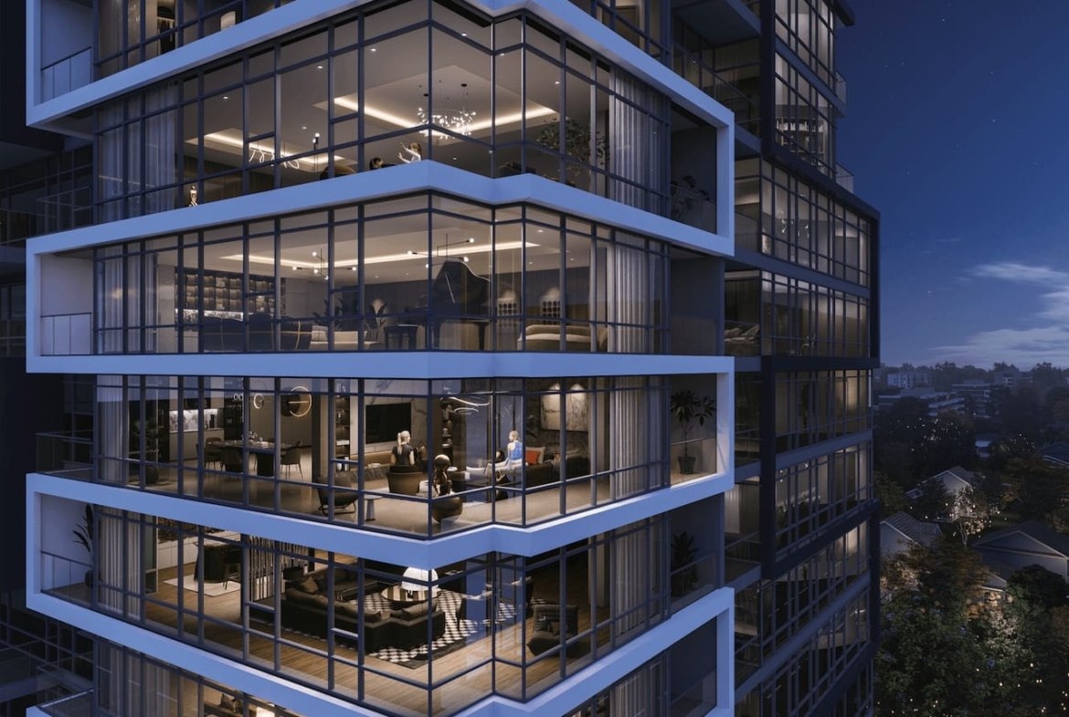 Rendering of 2992 Sheppard Condos exterior close up at night