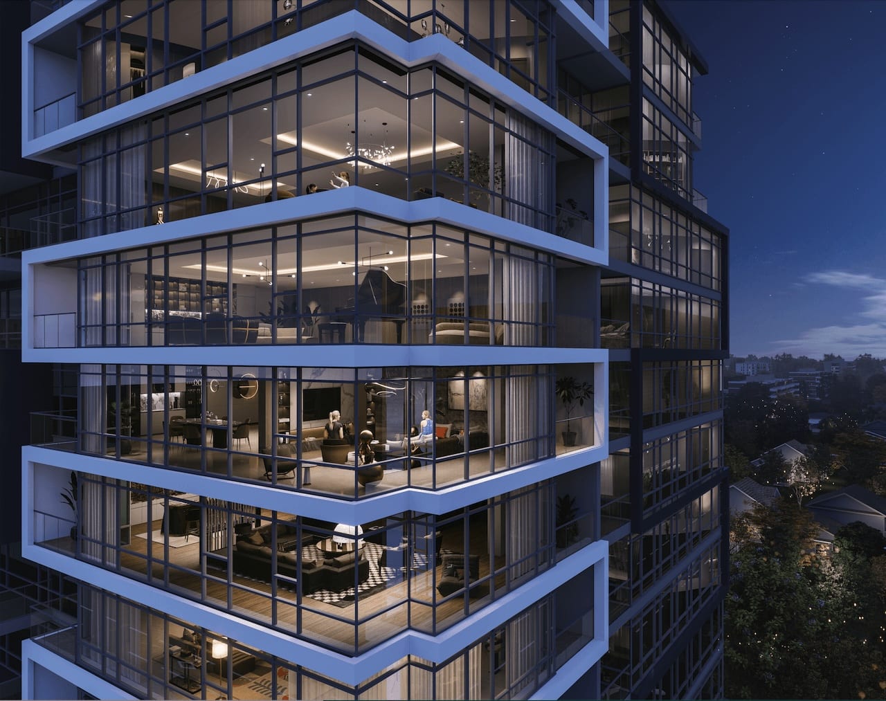 Rendering of 2992 Sheppard Condos exterior close up at night