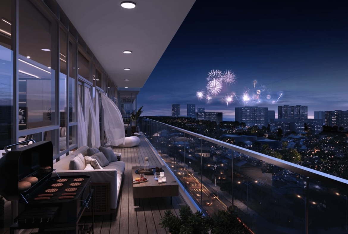 Rendering of 2992 Sheppard Condos exterior balcony at night