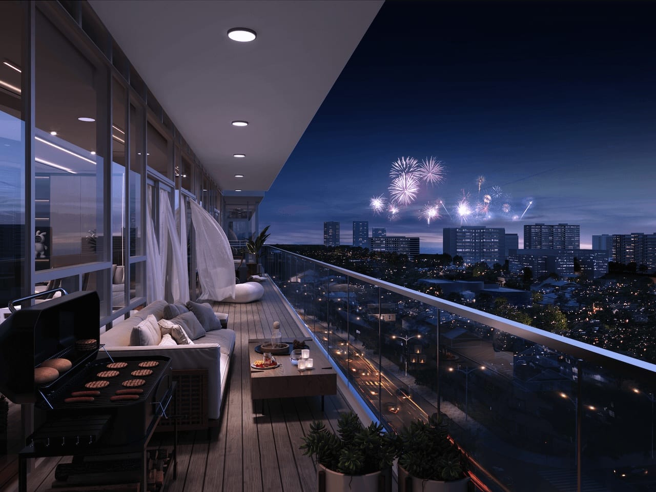 Rendering of 2992 Sheppard Condos exterior balcony at night
