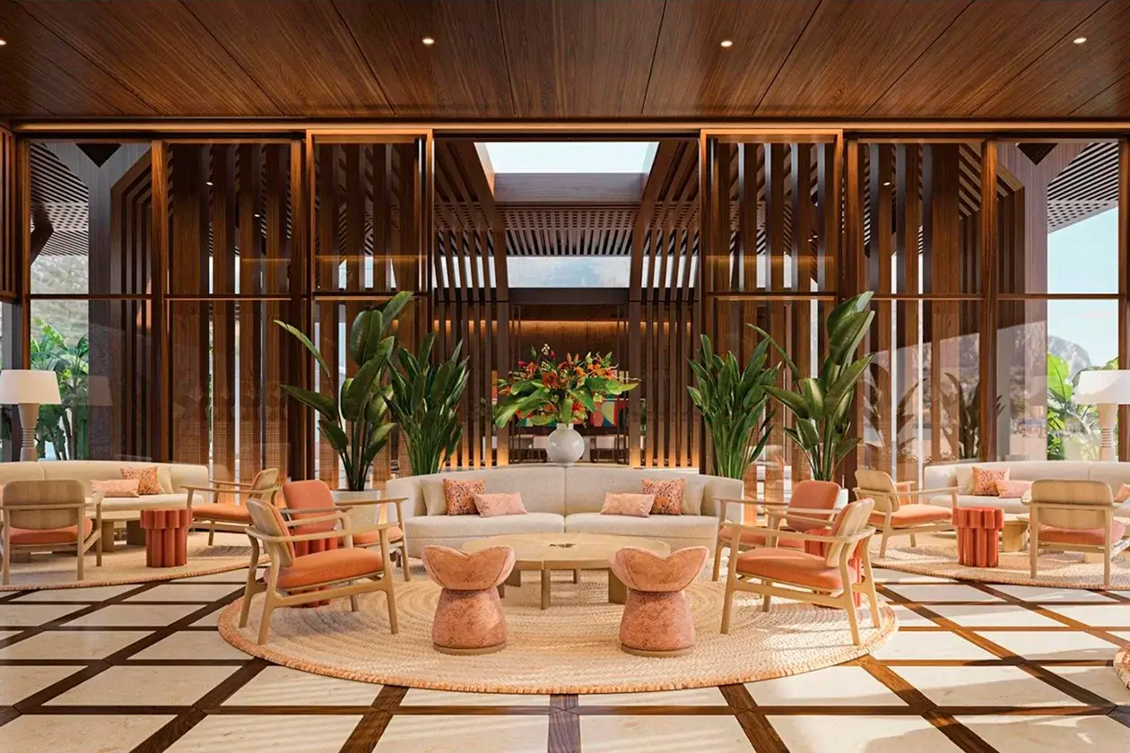 Luxury lounge area in Vie L'Ven with stylish seating, wooden slats, and tropical plants, embodying the essence of St. Maarten hospitality.