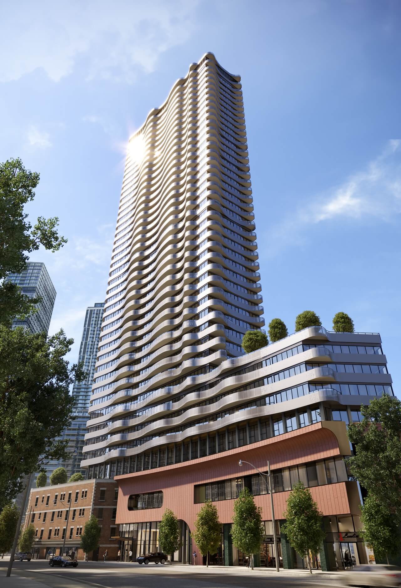 A tall modern residential building with distinctive wavy balconies, integrated into a city street lined with trees