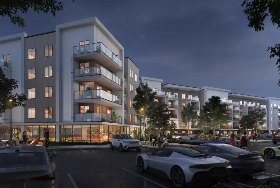 Rendering of Clover Condos exterior at night