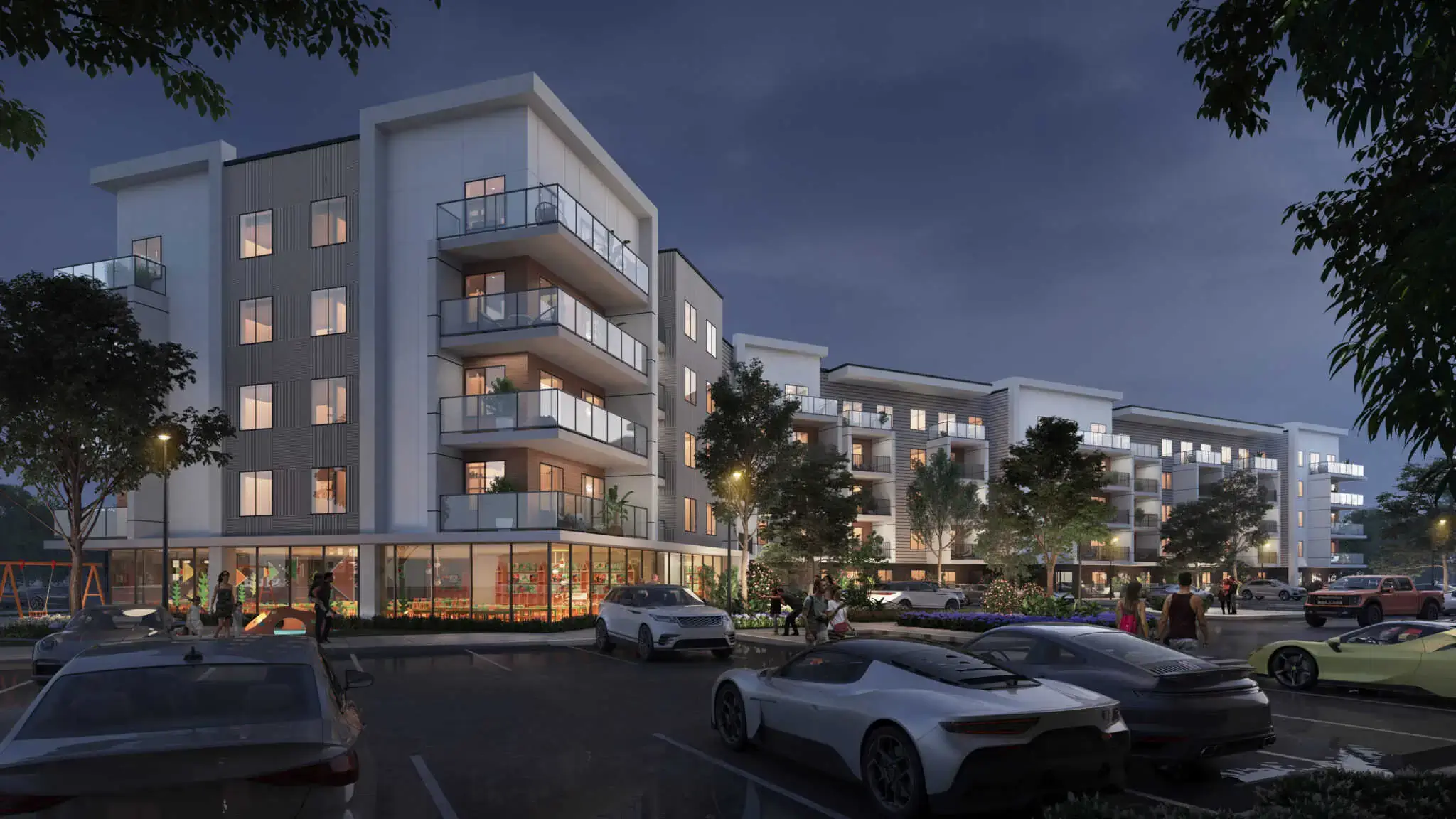 Rendering of Clover Condos exterior at night