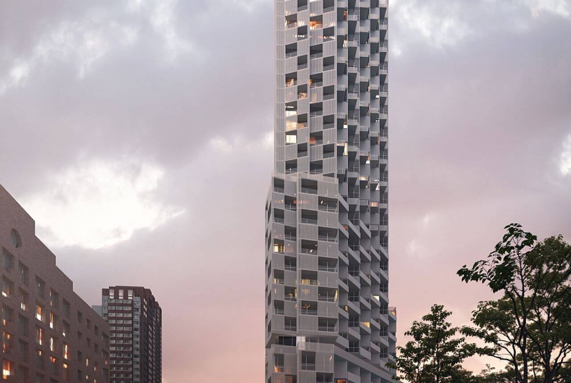 Rendering of 2485 Eglinton Avenue West Condos exterior at dusk