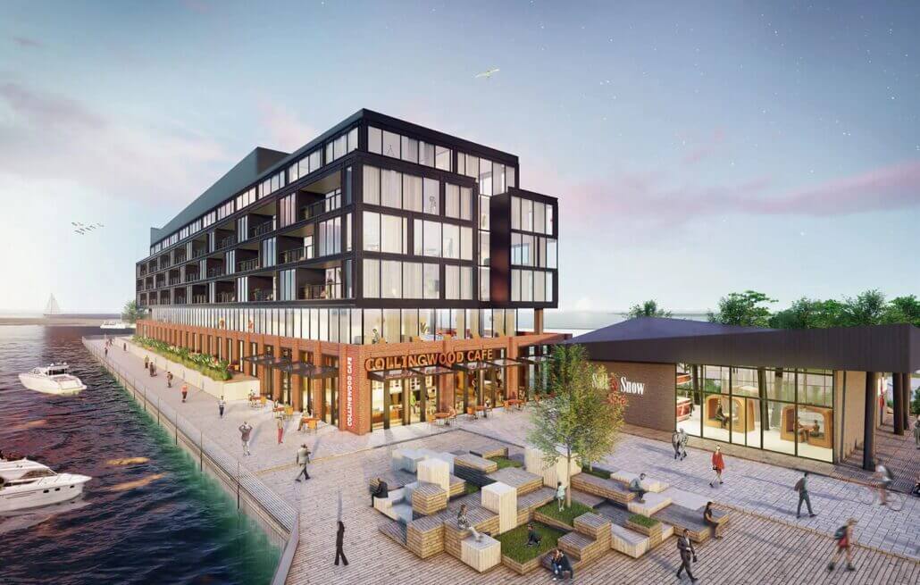 Rendering of Collingwood Quay Condos exterior evening