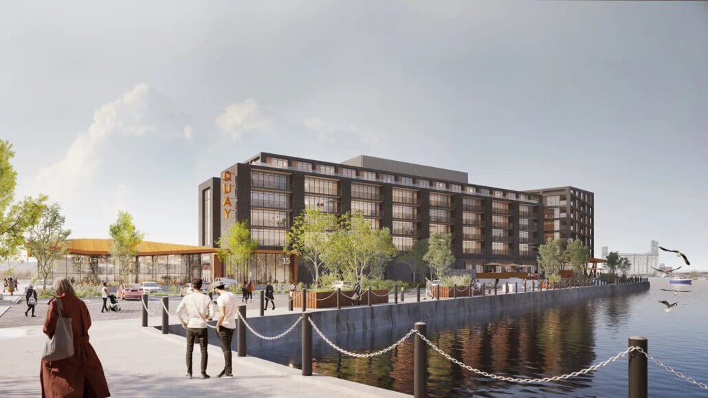Rendering of Collingwood Quay Condos exterior view from harbour