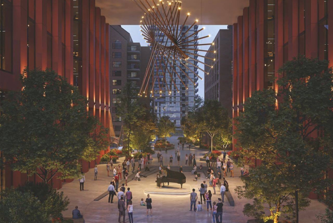 Rendering of 110-150 Eglinton Ave East Condos exterior at night walkway