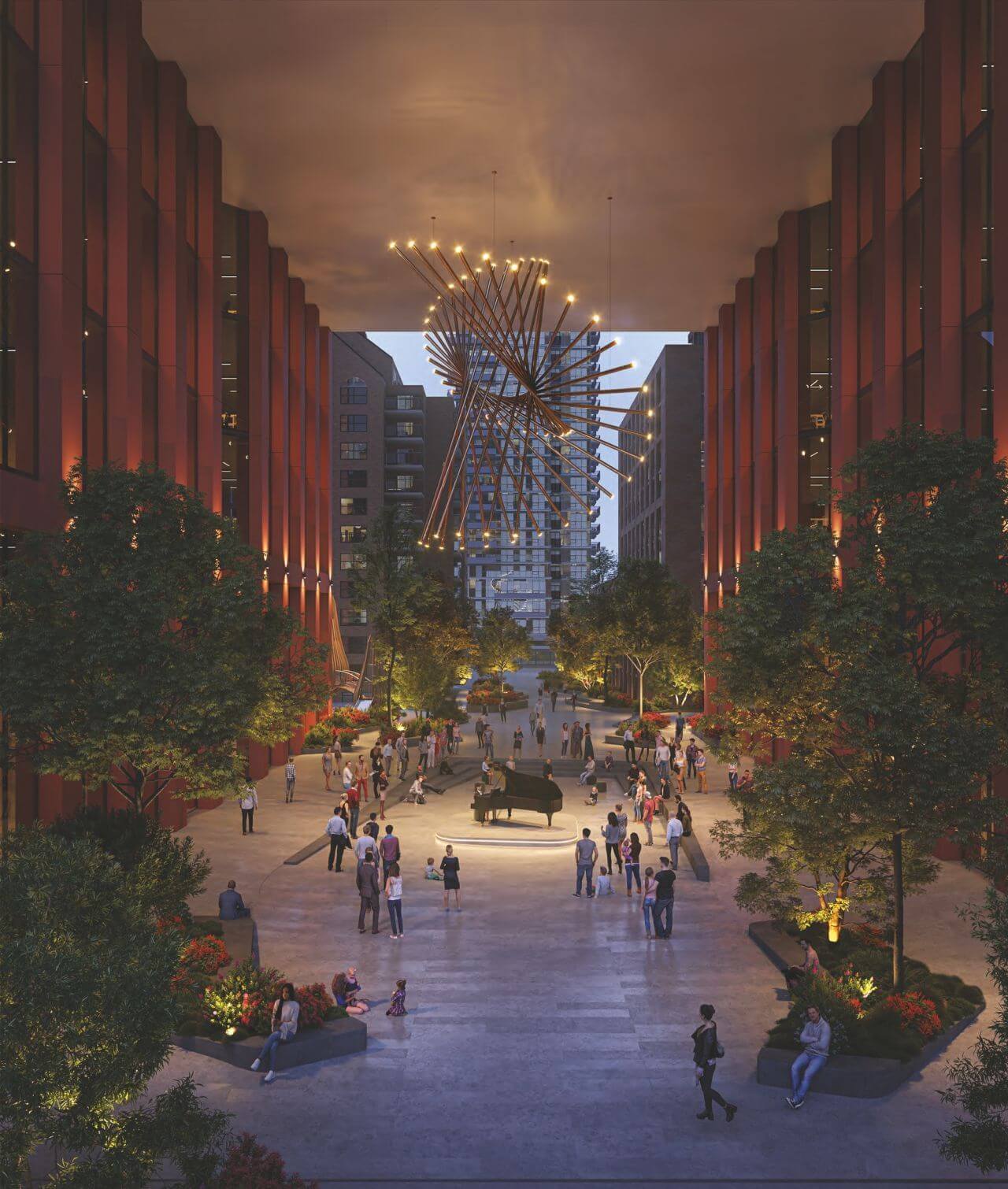 Rendering of 110-150 Eglinton Ave East Condos exterior at night walkway