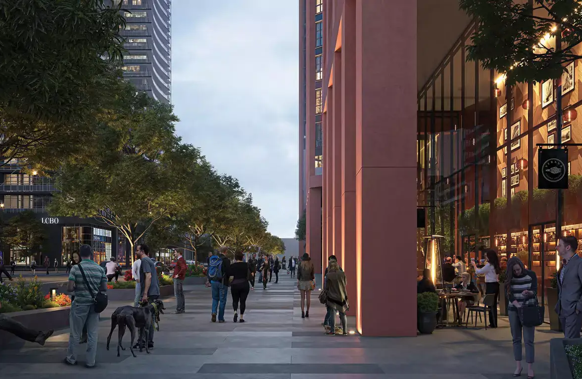 Rendering of 110-150 Eglinton Ave East Condos exterior at night streetview