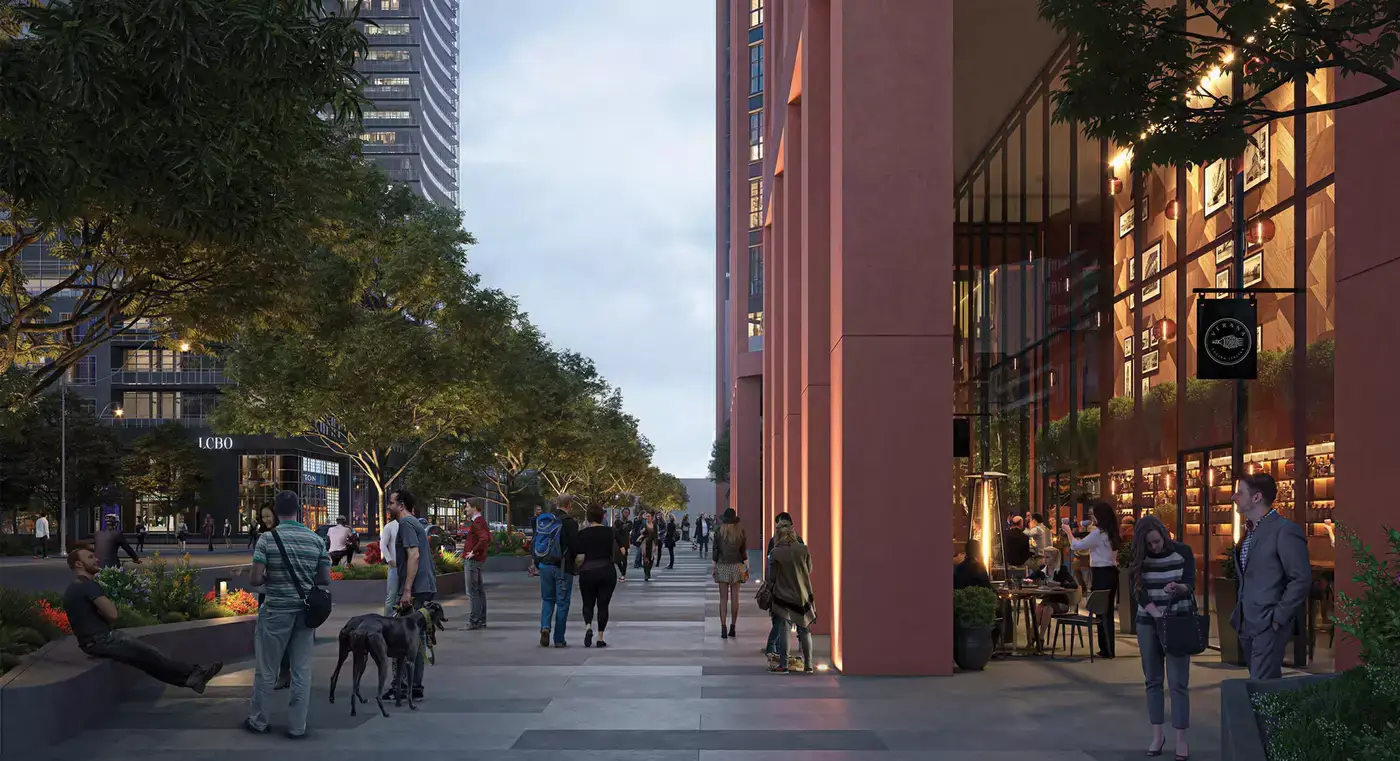 Rendering of 110-150 Eglinton Ave East Condos exterior at night streetview