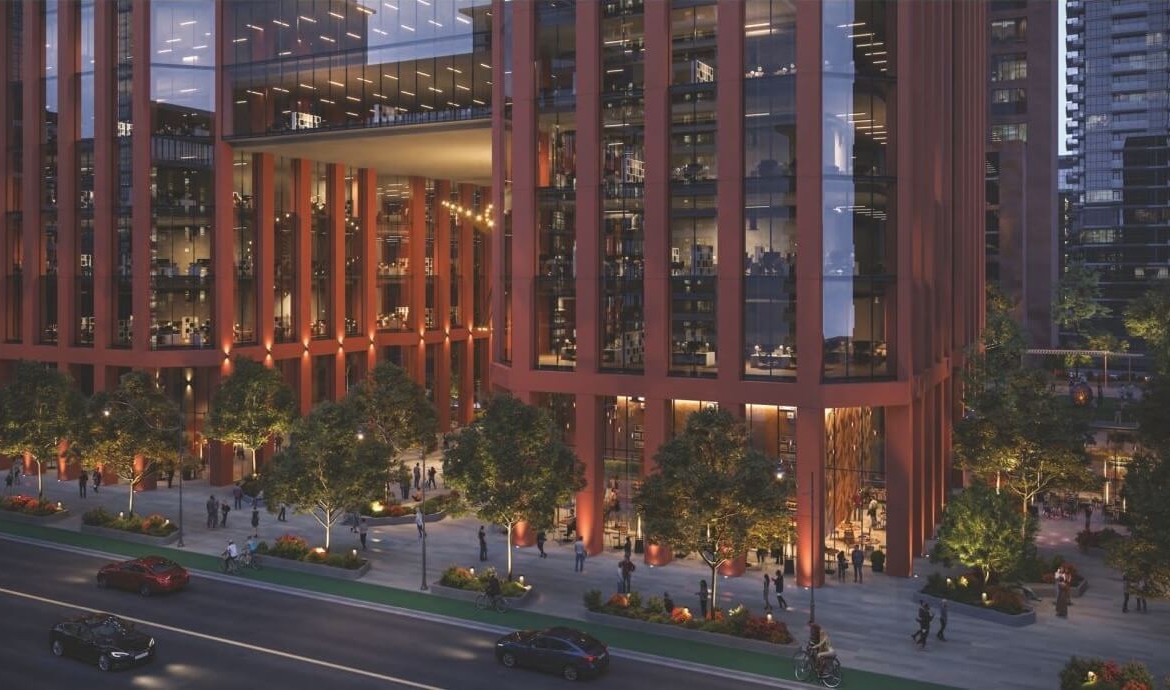 Rendering of 110-150 Eglinton Ave East Condos exterior close up at night