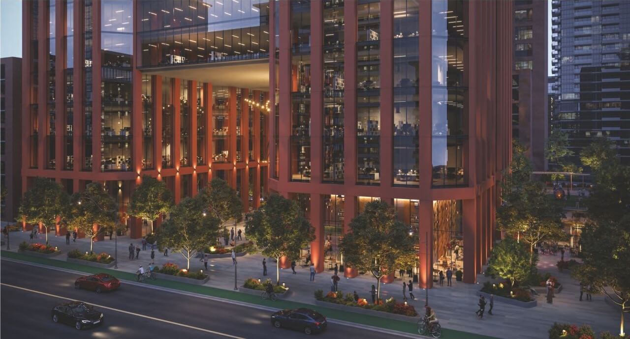 Rendering of 110-150 Eglinton Ave East Condos exterior close up at night