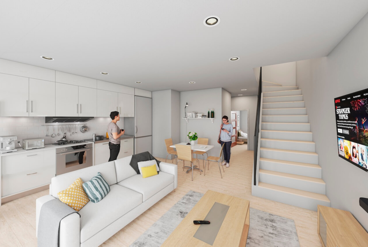 Rendering of Pioneer Park Towns suite interior living room