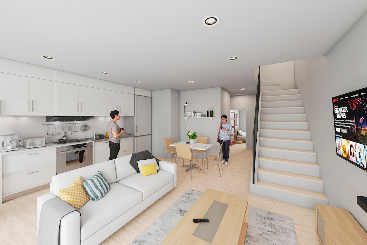 Rendering of Pioneer Park Towns suite interior living room