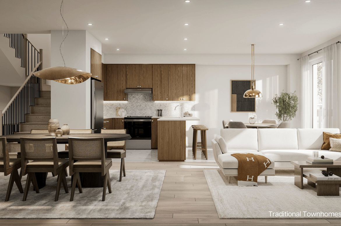 Rendering of Park & Main townhome interior kitchen and dining area