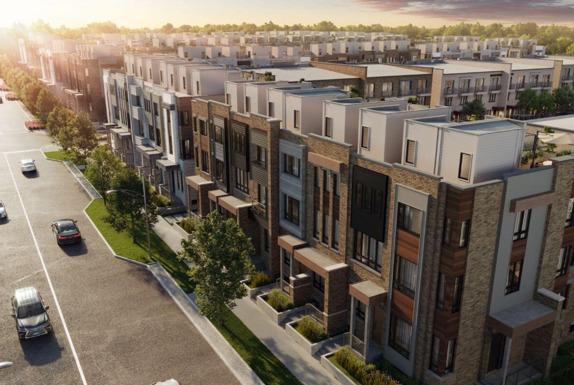 Rendering of Townhomes at Crosstown exterior angled aerial view at dusk