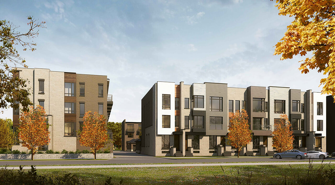 Rendering of Townhomes at Crosstown front facing exterior view