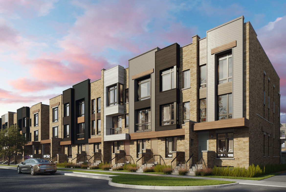 Rendering of Townhomes at Crosstown angled front facing exterior view