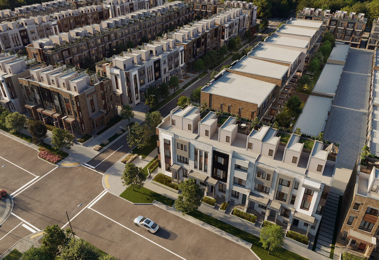 Rendering of Townhomes at Crosstown angled aerial view
