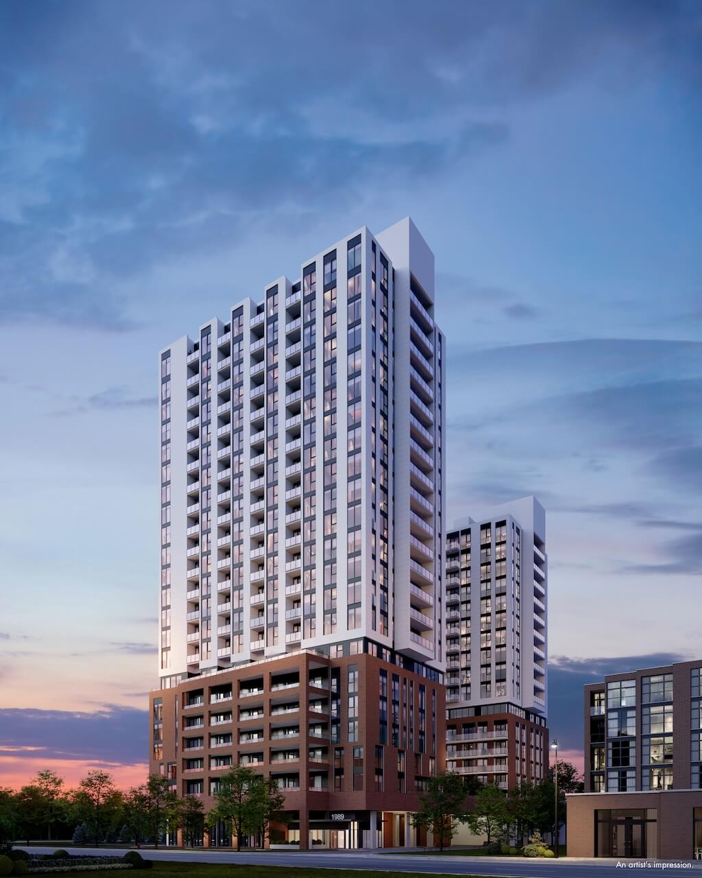 Rendering of 1989 Condos exterior evening