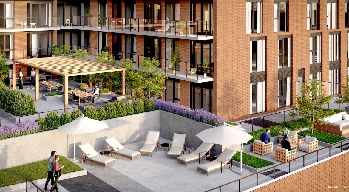 Rendering of 1989 Condos exterior outdoor terrace aerial