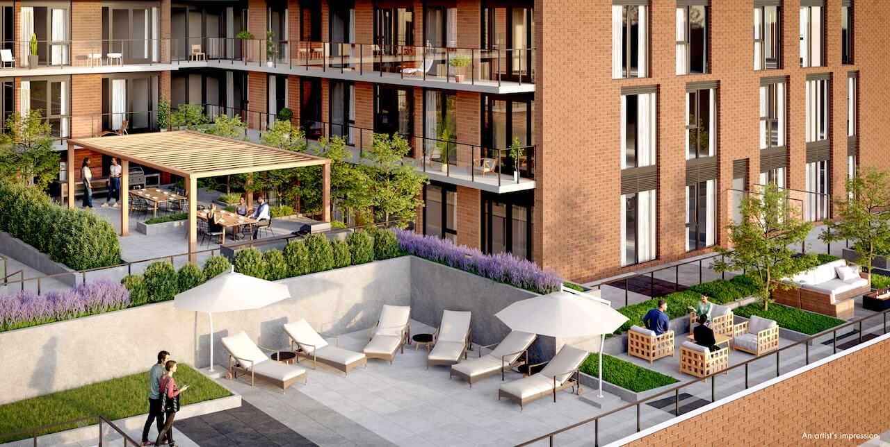 Rendering of 1989 Condos exterior outdoor terrace aerial
