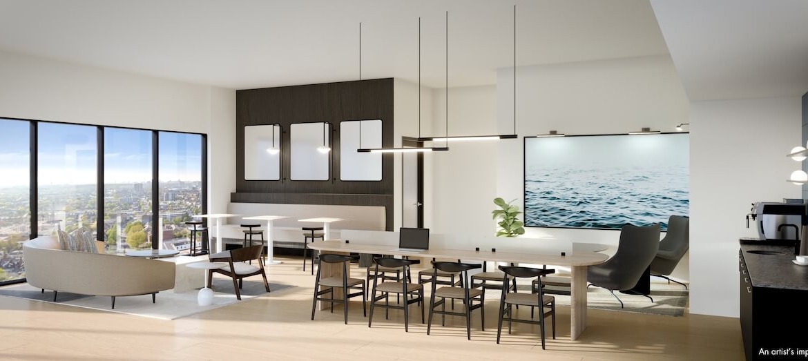 Rendering of 1989 Condos interior party room with dining space