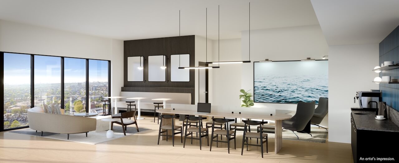 Rendering of 1989 Condos interior party room with dining space
