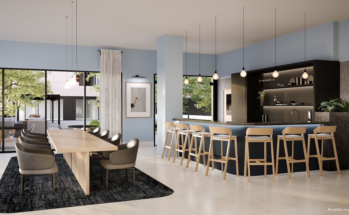 Rendering of 1989 Condos interior party room with bar