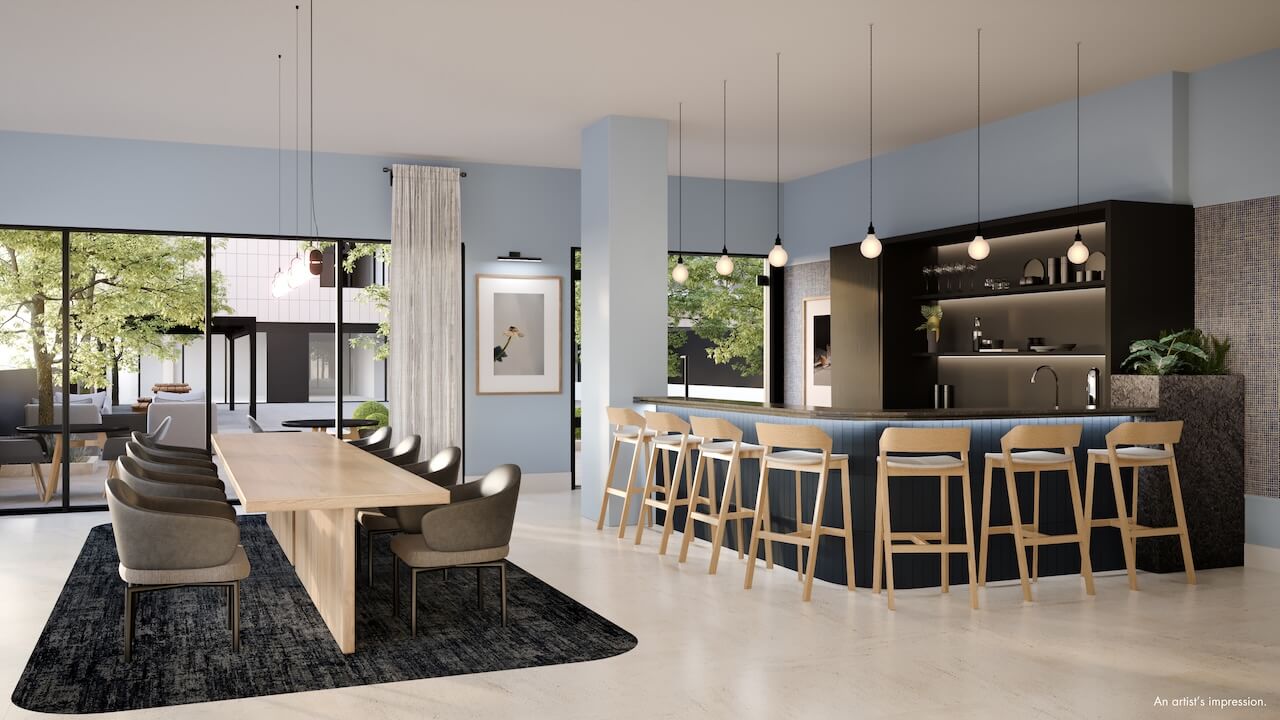 Rendering of 1989 Condos interior party room with bar