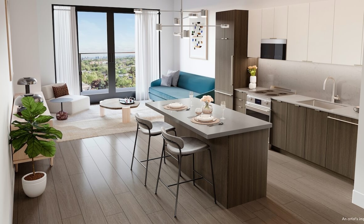 Rendering of 1989 Condos suite interior kitchen and living room open concept