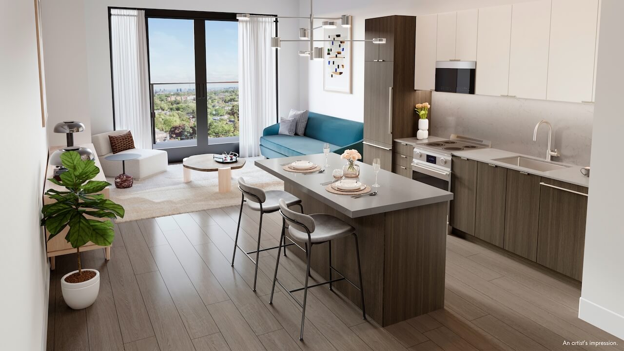 Rendering of 1989 Condos suite interior kitchen and living room open concept