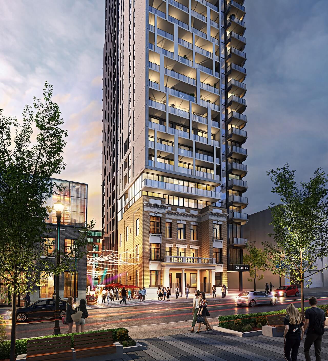 Rendering of Q Condos exterior with streetview