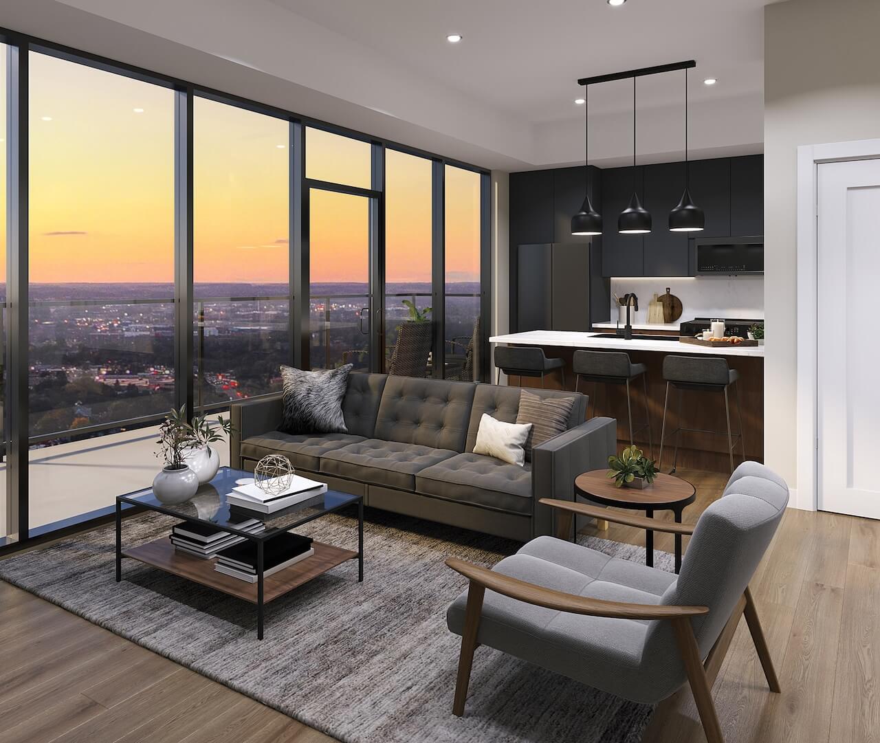 Rendering of Q Condos suite interior kitchen