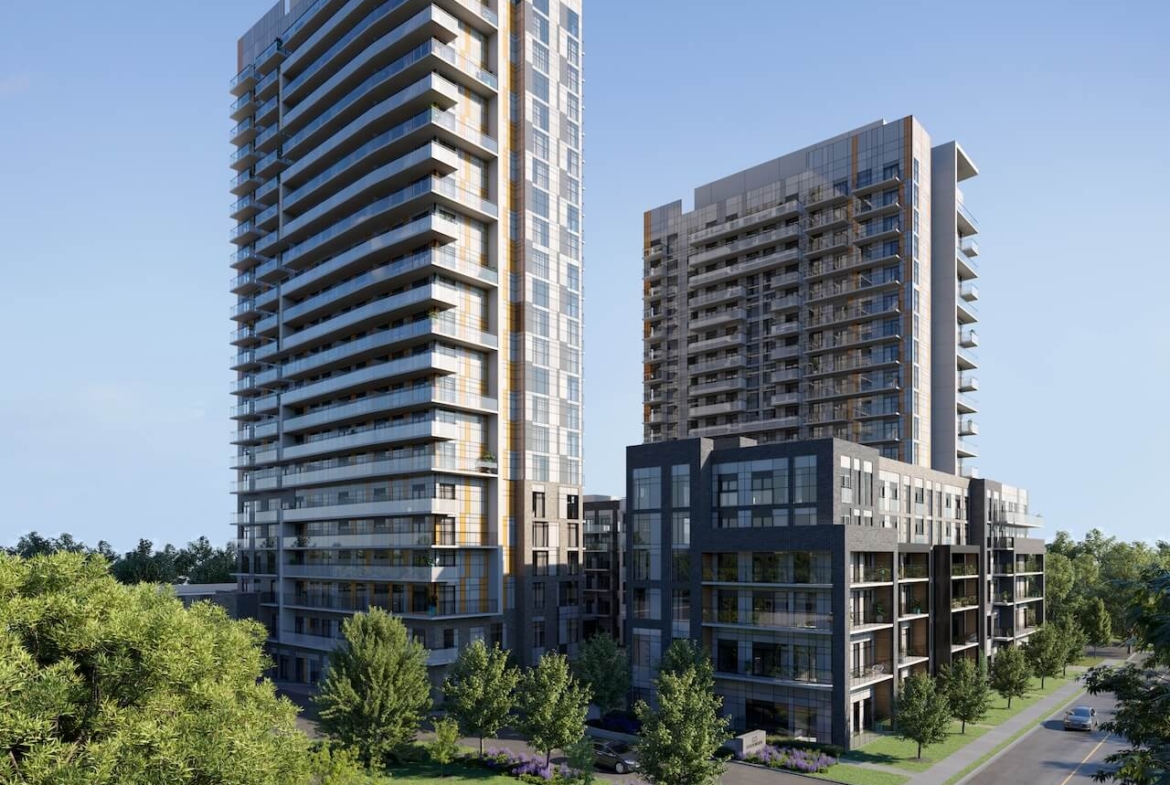Rendering of Stationside Condos exterior full view of 2 phases